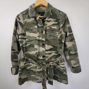 Talbots Jacket Womens Size XS Army Green Camo Utility Button Up Tie Belt Pockets